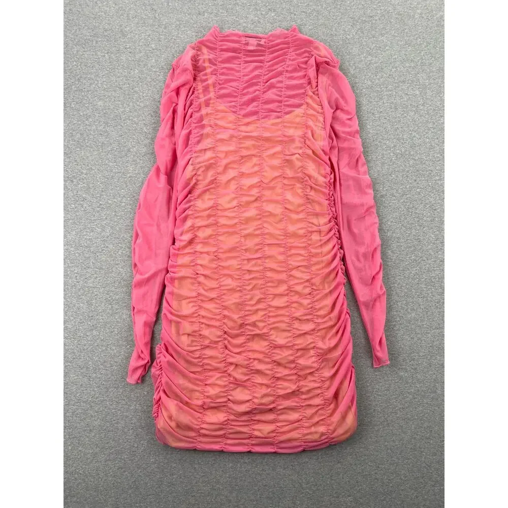 TOPSHOP Dress Size M 8/10 Hot Pink Sheer Layered Mesh Mini Ruched Long Sleeve